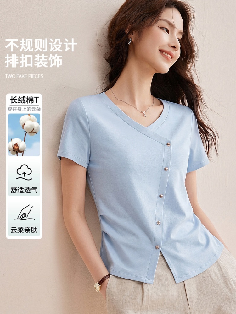 【90新疆棉】修娴高端设计感斜襟T恤R6738·清水绿
