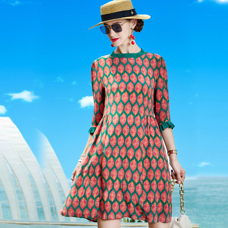 丁摩夏季真丝连衣裙高端大牌显瘦碎花桑蚕丝七分袖裙子q121125中袖