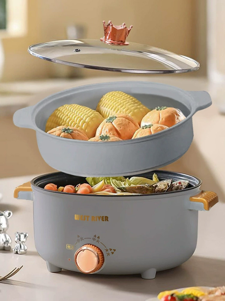 西河·大容量家用电火锅电煮锅4L带蒸笼（可煎炒蒸煮涮）
