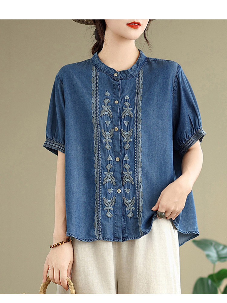 天丝棉刺绣文艺复古大码显瘦气质短袖·图片色