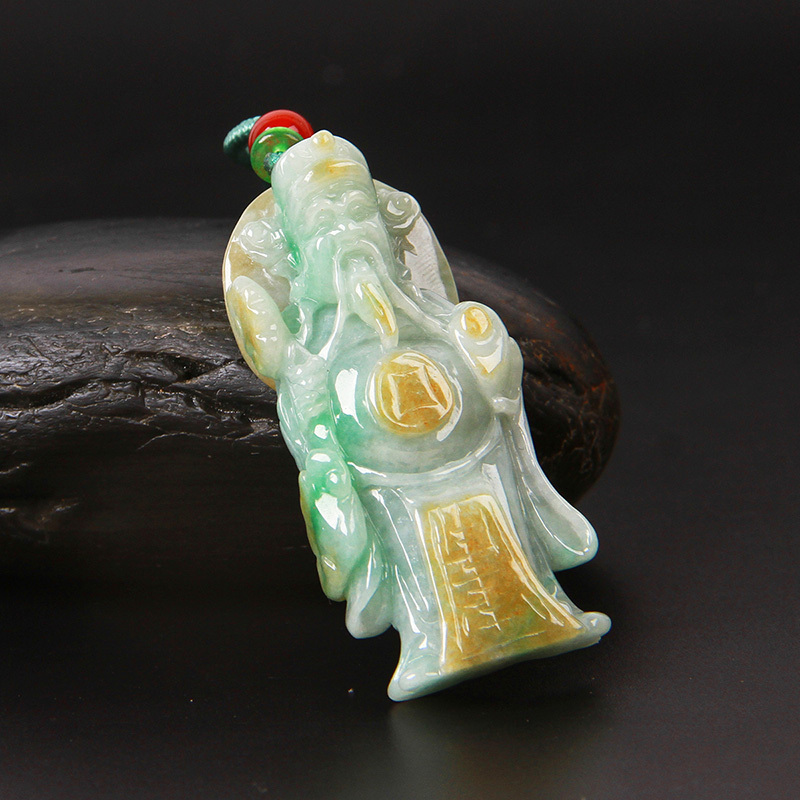 翡丽翠冰糯三彩天然a货翡翠财神爷吊坠