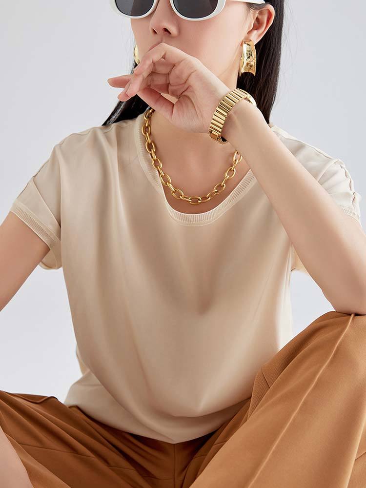 婵阅专柜高货桑蚕丝弹力双乔圆领上衣·62122-黑色