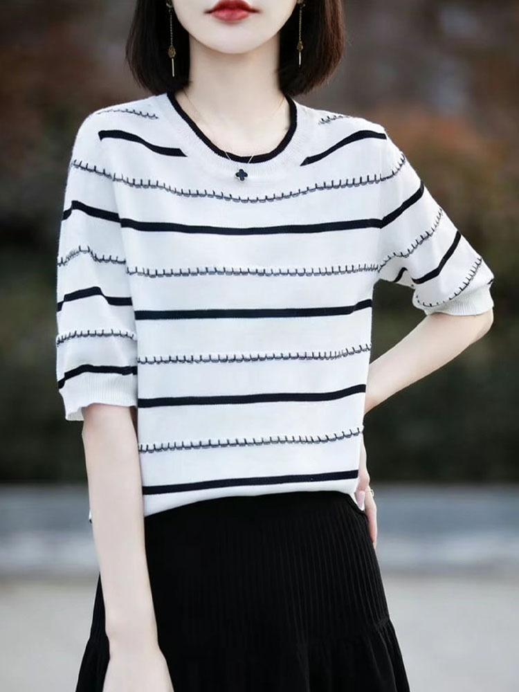 新款曲珠冰丝透气条纹显瘦针织五分袖·白色