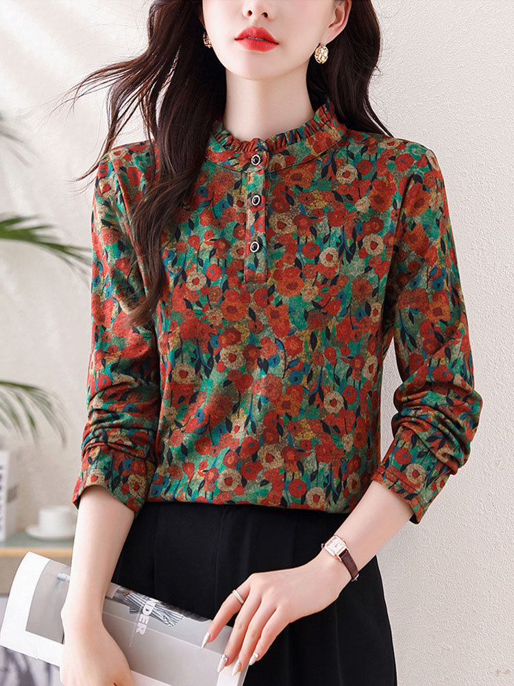 【爆款特价】新款澳绒印花保暖靓丽减龄显瘦百搭上衣·橘色花