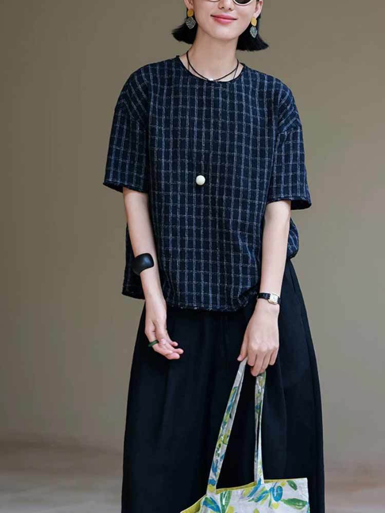 婵阅专柜高货复古文艺亚麻双色色织格纹肌理感休闲文艺短袖上衣·LG5473-格子