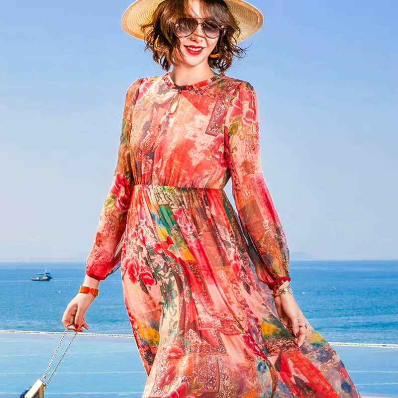 丁摩  新款真丝连衣裙旅行海边沙滩裙桑蚕丝连衣裙20-66·红色
