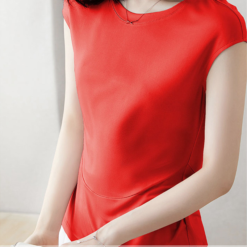 丁摩 100%桑蚕丝针织无袖上衣短袖T恤圆领短袖（舒适不透）·圆领大红色