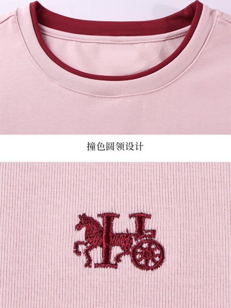 【92精梳棉】轩凌子撞色边刺绣T恤XS82620104·淡粉