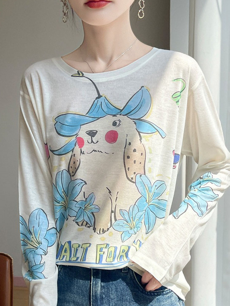 雀说  宽松圆领渐变扎染T恤防晒薄款上衣R-M121·M121-7浅蓝萌宠