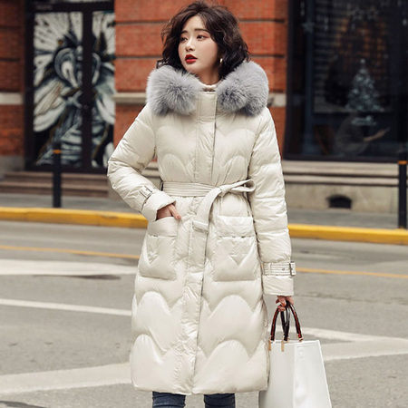 絮笈大狐狸毛连帽加厚修身收腰羽绒服长款白色