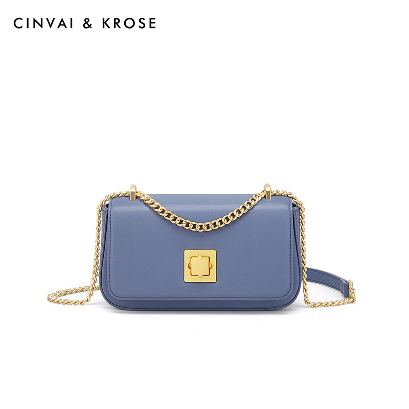 CinvaiKrose 包包新款包包女牛皮链条斜挎包小方包腋下包女包B6335·浅蓝色