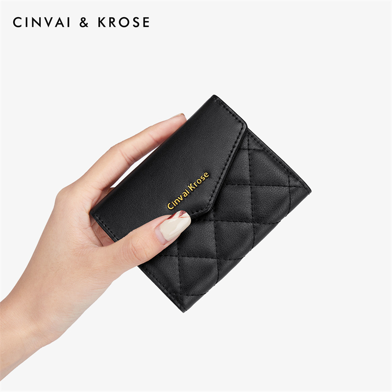 CinvaiKrose 钱包女短款牛皮时尚小钱包短款钱夹精致手拿零钱包K6290·黑色