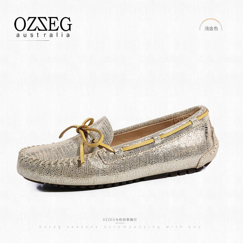 OZZEG 真皮女士蜥蜴纹软底豆豆鞋-Z2807·浅金色