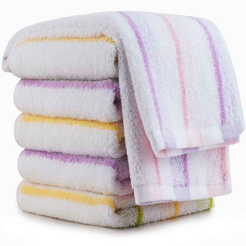 三利毛巾纯棉洗脸巾6条装2款可选·彩条面巾9606粉紫条黄绿条各3条
