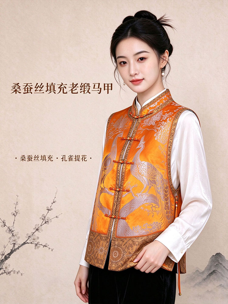 锦100桑蚕丝填充色织老缎马甲JXXF20260347·孔雀黄底灰花