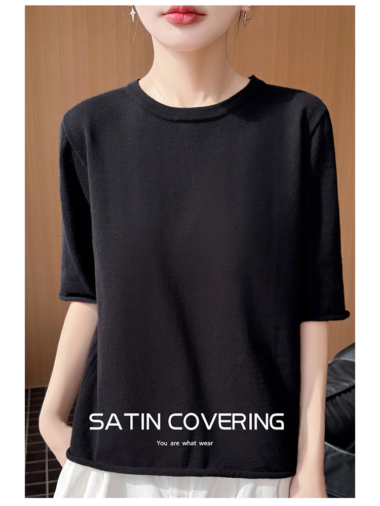 【100纯棉】新款时尚卷边宽松五分袖显瘦针织短袖·紫色