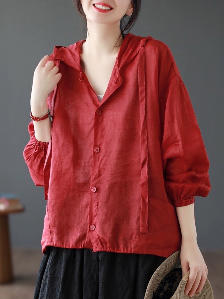 棉麻透气宽松百搭防晒连帽开衫·绿色