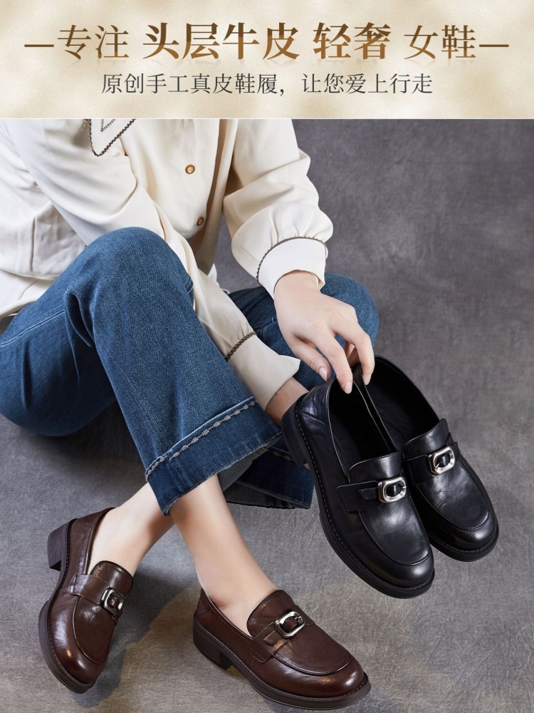 【手抓纹头层牛皮】至美轻软金属扣乐福鞋ZM269010·黑色