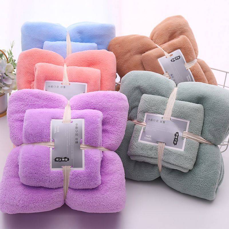 家用柔软珊瑚绒两件套（毛巾+浴巾）-五色可选·紫色