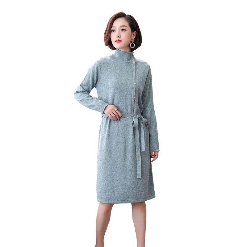 丁摩    羊毛精致女人收腰针织连衣裙19-016W·蓝色