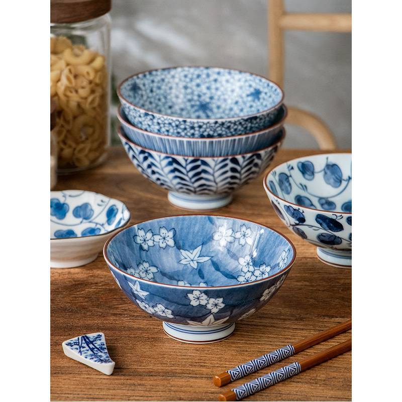 美浓烧（Mino Yaki）【日本进口】陶瓷碗日式家用饭碗蓝绘和风 轻奢礼盒 5入