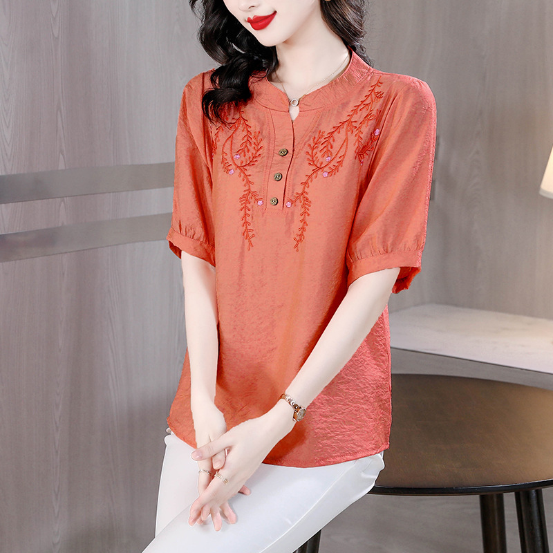 棉麻浪漫绣花优雅气质宽松大码短袖·桔红色