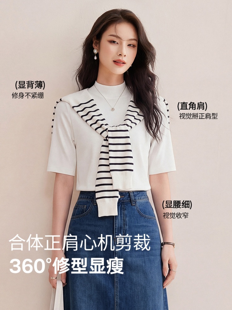 修娴小立领慕斯竹节棉肌理感中袖T恤W58·卡其