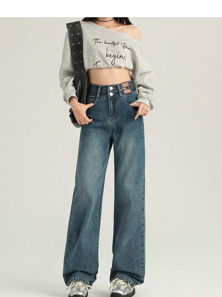 罗蒙女士加绒牛仔裤保暖舒适长裤休闲百搭高腰阔腿裤99XCDYG9846R-1·复古蓝