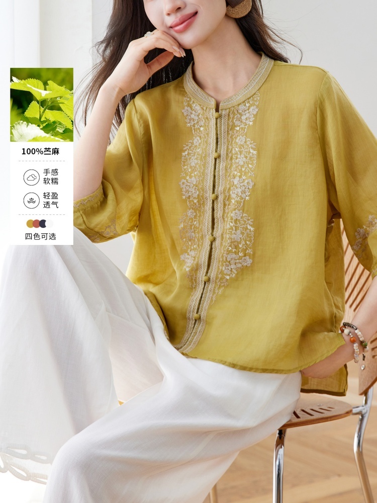 【100苎麻】可风各刺绣七分袖衬衫63052·藏青色