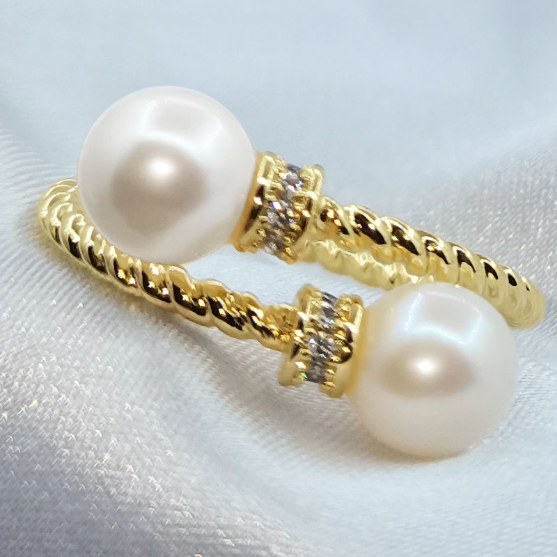 明益珠宝麻花编织设计双珠珍珠戒指