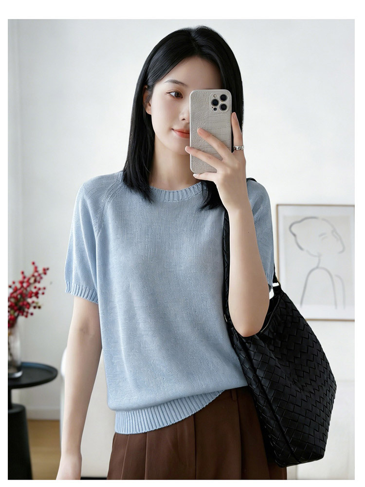 新款圆领冰丝透气宽松减龄百搭针织短袖·红色