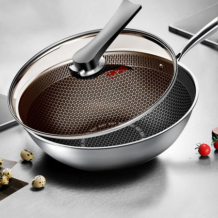 德国康巴赫第二代炒锅304不锈钢全屏蜂巢不粘锅32cm02