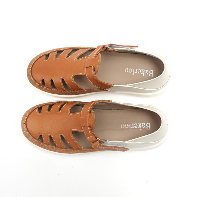 日本品牌Bakerloo包头镂空轻便厚底牛皮凉鞋·橙色