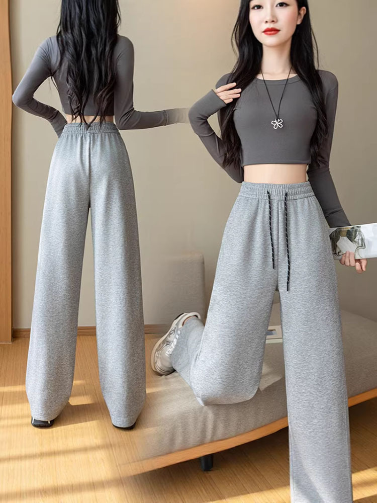 高品质舒适棉松紧腰口袋抽绳宽松显瘦弯刀阔腿裤·藏青