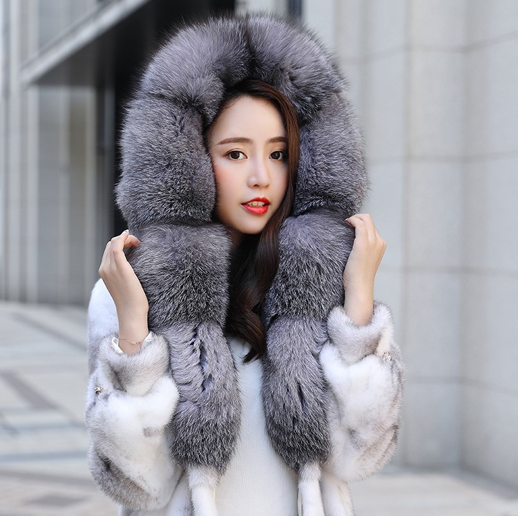 米彩微姿进口十字貂超大银狐毛领中长款皮草外套银本色