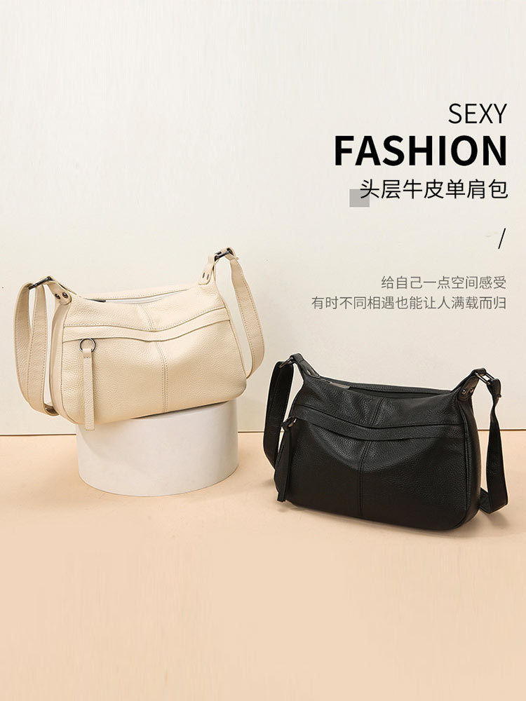 头层牛皮软真皮简约单肩包斜挎包7350#·米白色