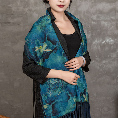 非遗古法香云纱技艺锦纯桑蚕丝两面重缎披肩兰荷花