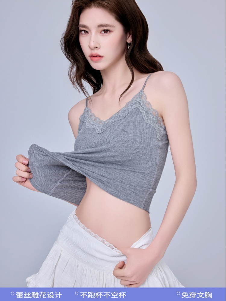 2件赛蔻罩杯一体高弹蕾丝细带背心8871·焦糖咖