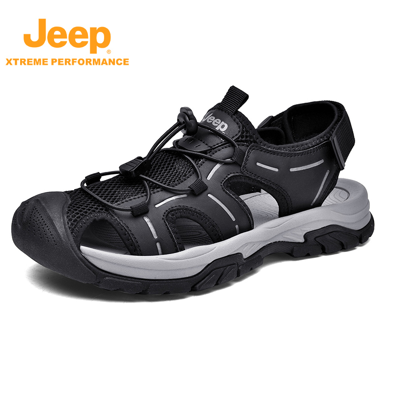 jeep包头凉鞋男士夏季外穿真皮防滑运动P321291518·黑色