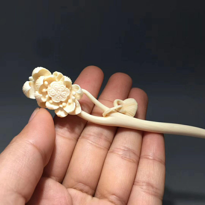 老冯记猛犸象牙精工莲花发簪优雅古国风十足上身古朴典雅大师手工精雕