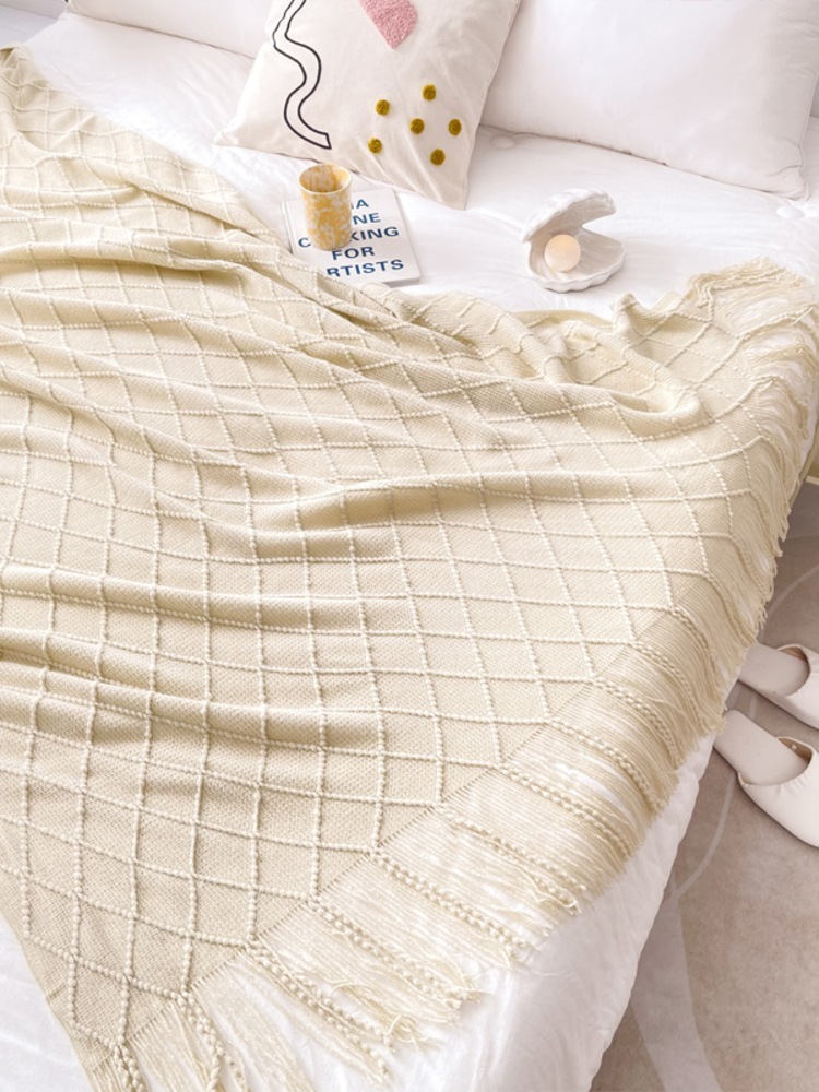 多宝雅针织流苏搭毯搭巾盖毯沙发巾床尾毯·米白色