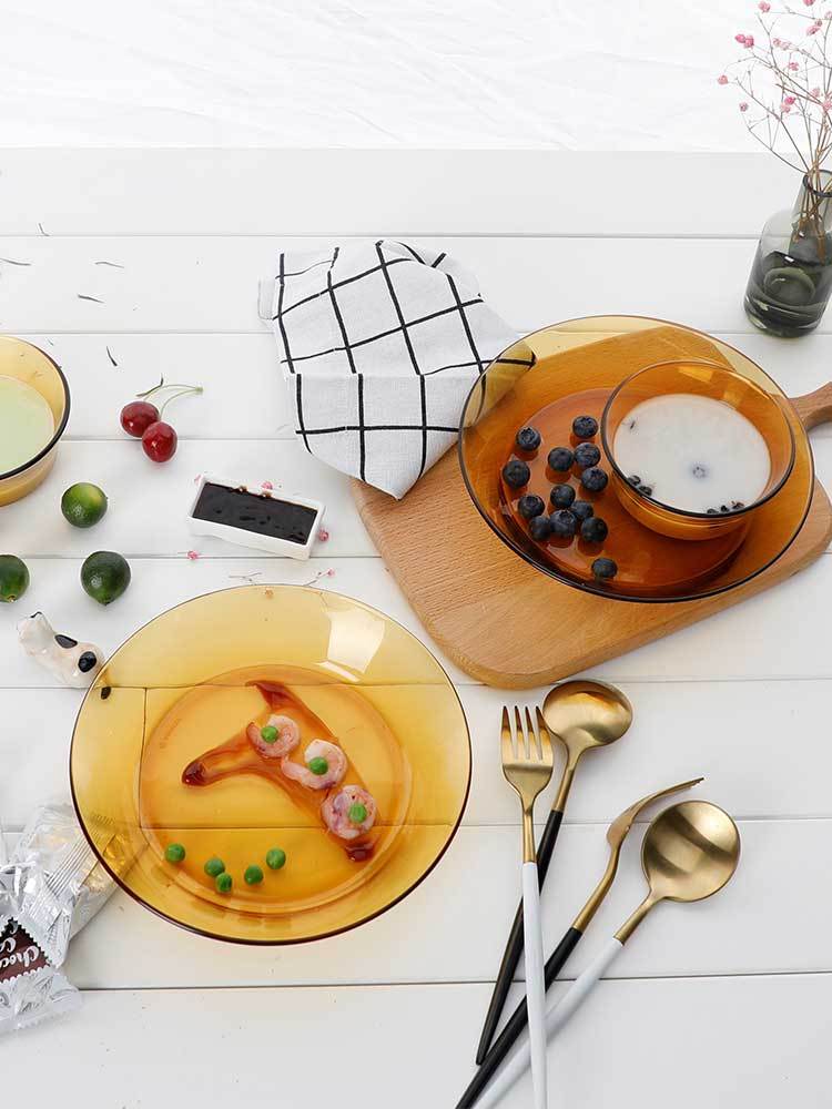 法国DURALEX钢化玻璃餐具琥珀色汤碗鱼盘ins风牛排盘汤碗双人四件
