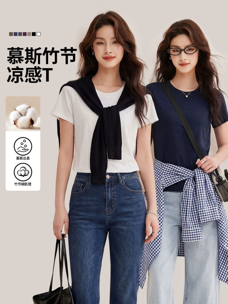修娴圆领慕斯竹节棉肌理感短袖T恤W56·卡其