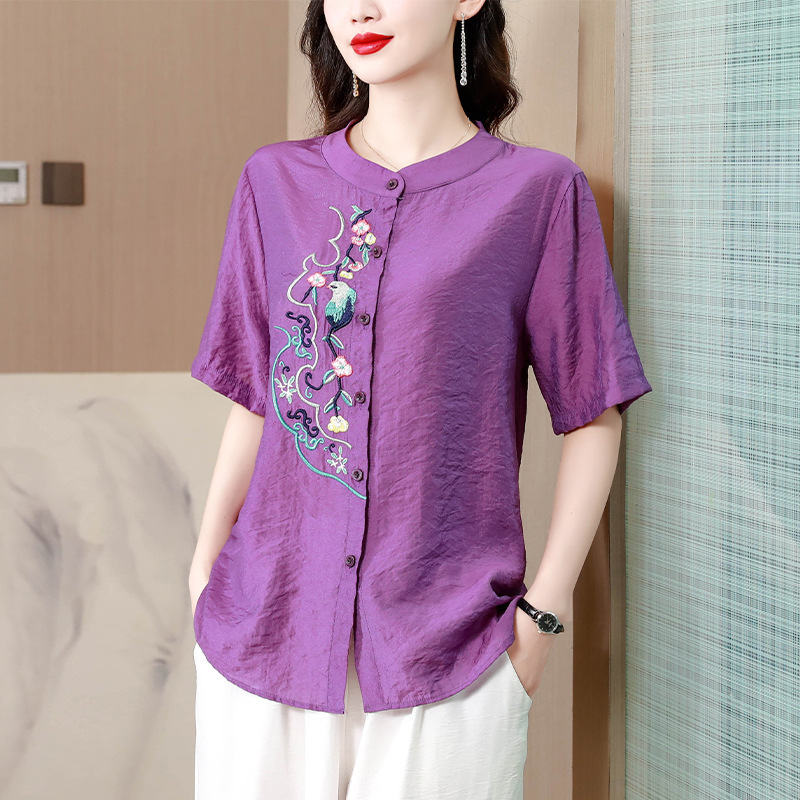 棉麻开扣刺绣宽松显瘦时尚减龄短袖衬衣·紫色