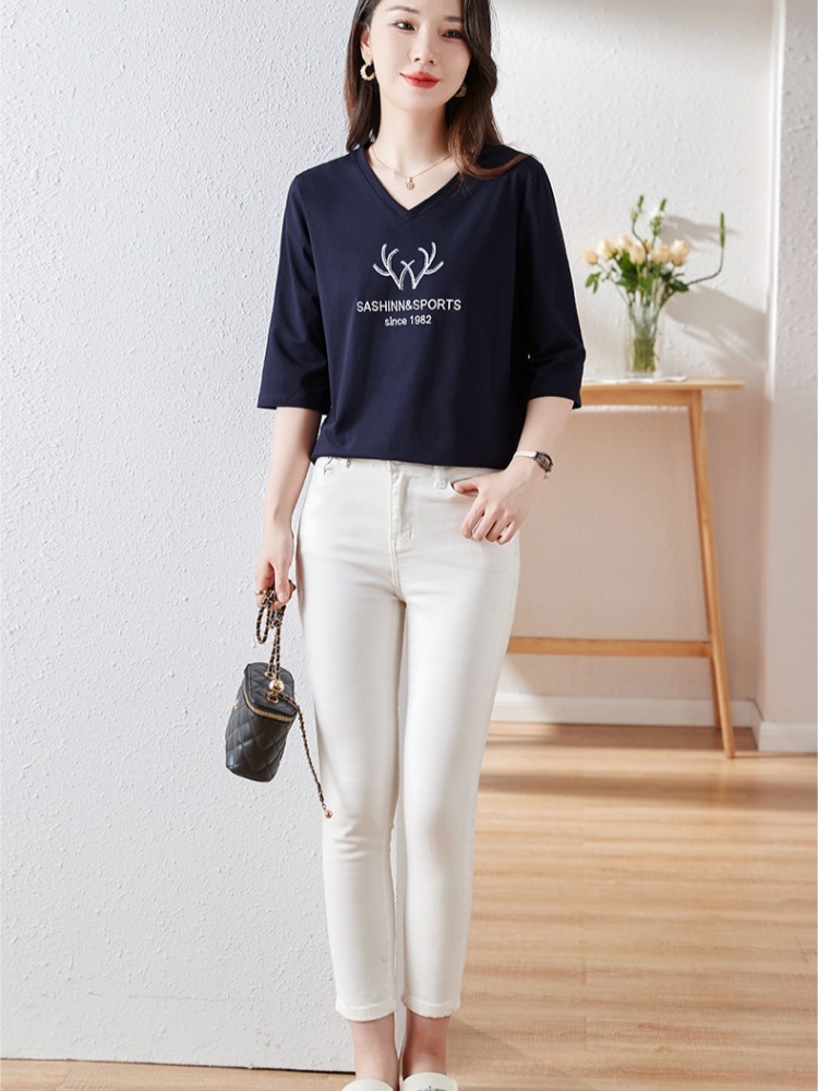 【93精梳棉】轩凌子刺绣V领中袖T恤S82420144·白色