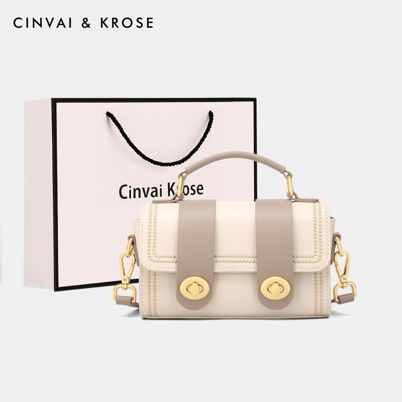 CinvaiKrose 爆款包包女牛皮斜挎包通勤手提包女包单肩包C6322·米白色