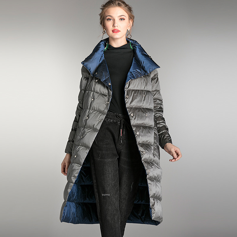 2019冬季瑅艾大码女式显瘦时尚双色两面穿轻薄羽绒服（二色可选）·蓝灰色