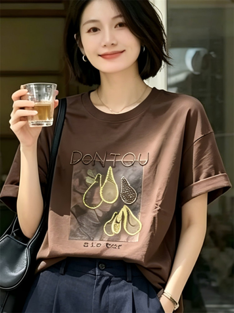 牛油果刺绣短袖T恤·咖色