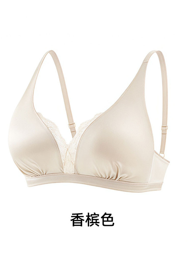 雀说 真丝文胸弹力缎面V领性感蕾丝收侧乳桑蚕丝内衣YY02S303T·香槟色