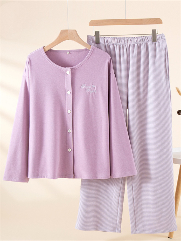 棉朵妮德绒刺绣圆领AB版长袖长裤套装女·紫色